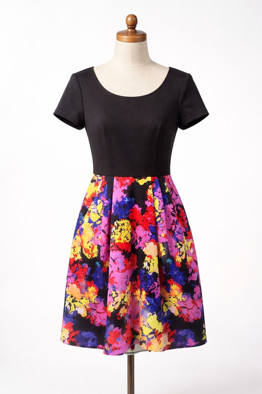 Betsey Johnson | Black Top Colorful Dress Tulip Skirt Bright Short Sleeve 4